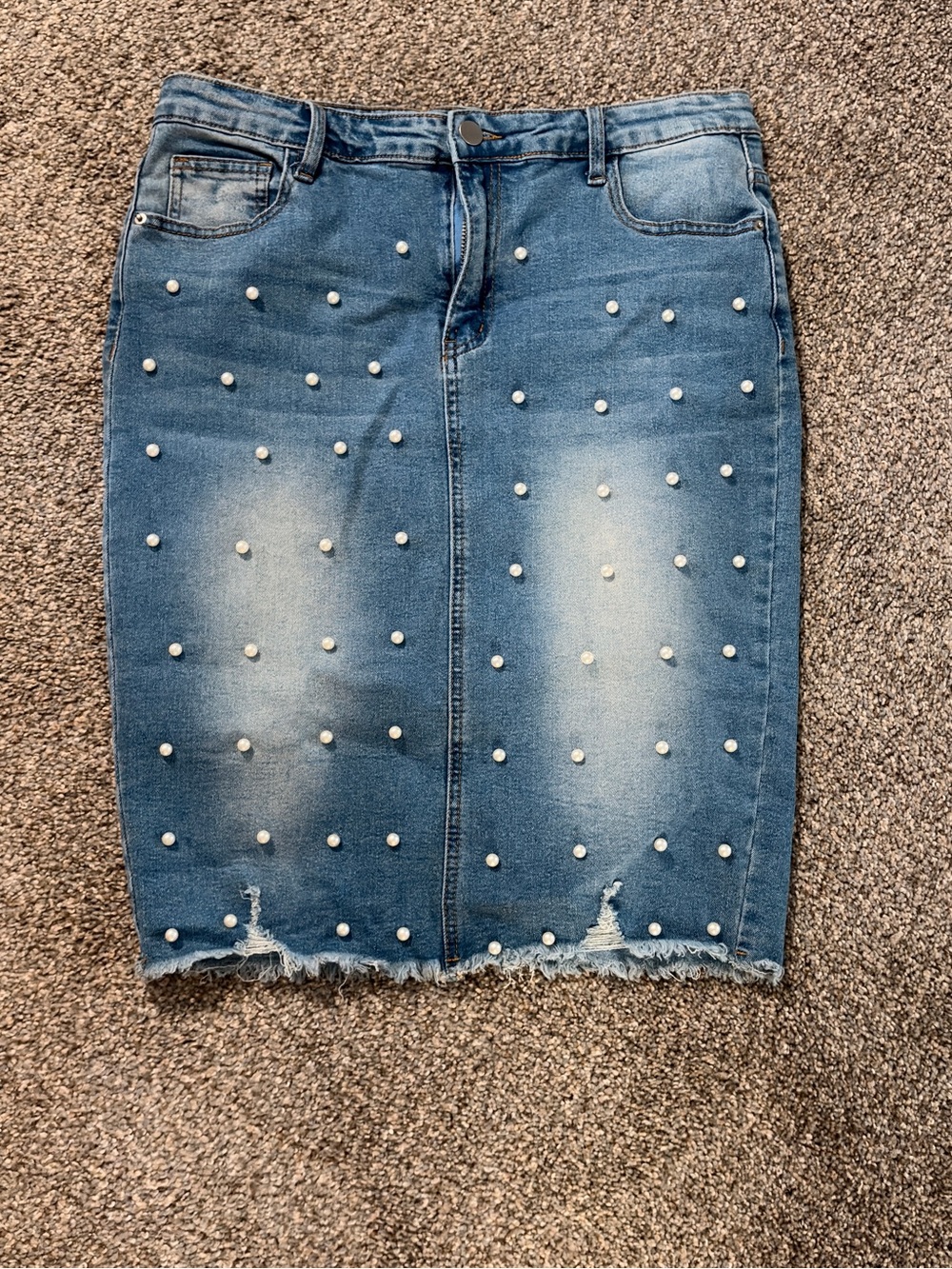 Pearl-Embellished Blue Denim Pencil Skirt